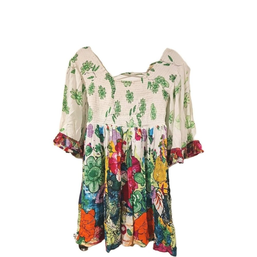 Janis Summer Smocked Dress Sz Large Artsy Boho Hippie Gypsy Peasant Floral Angel